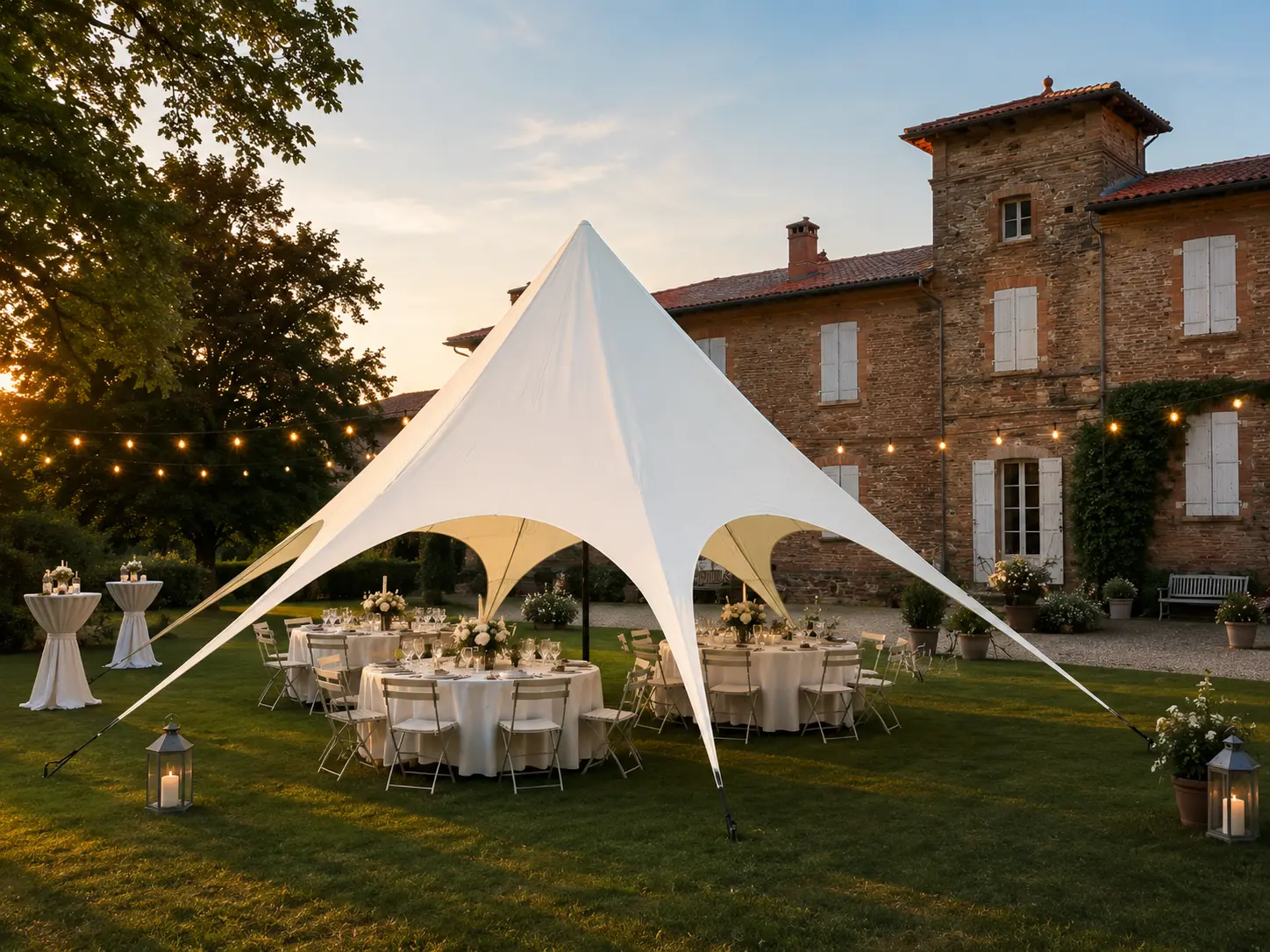 Canopée toile tendue éclairée au coucher du soleil, tables de mariage dressées et guirlandes — location de chapiteau à Toulouse