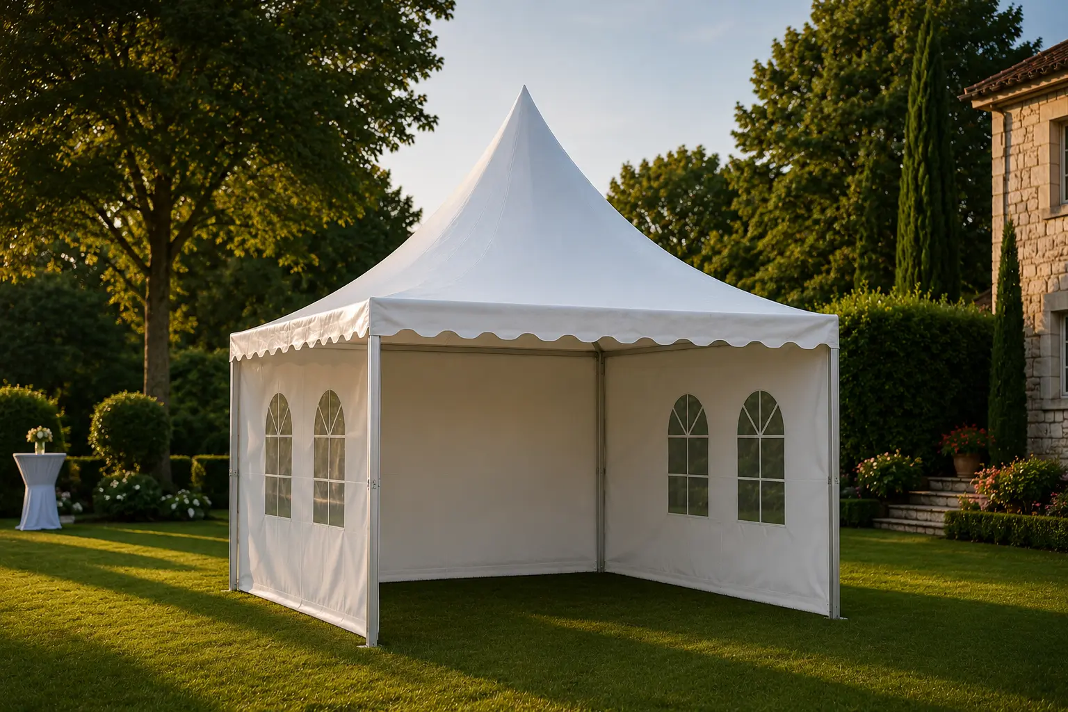 Pagode blanche 3 × 3 m avec parois et fenêtres cintrées, montée sur pelouse